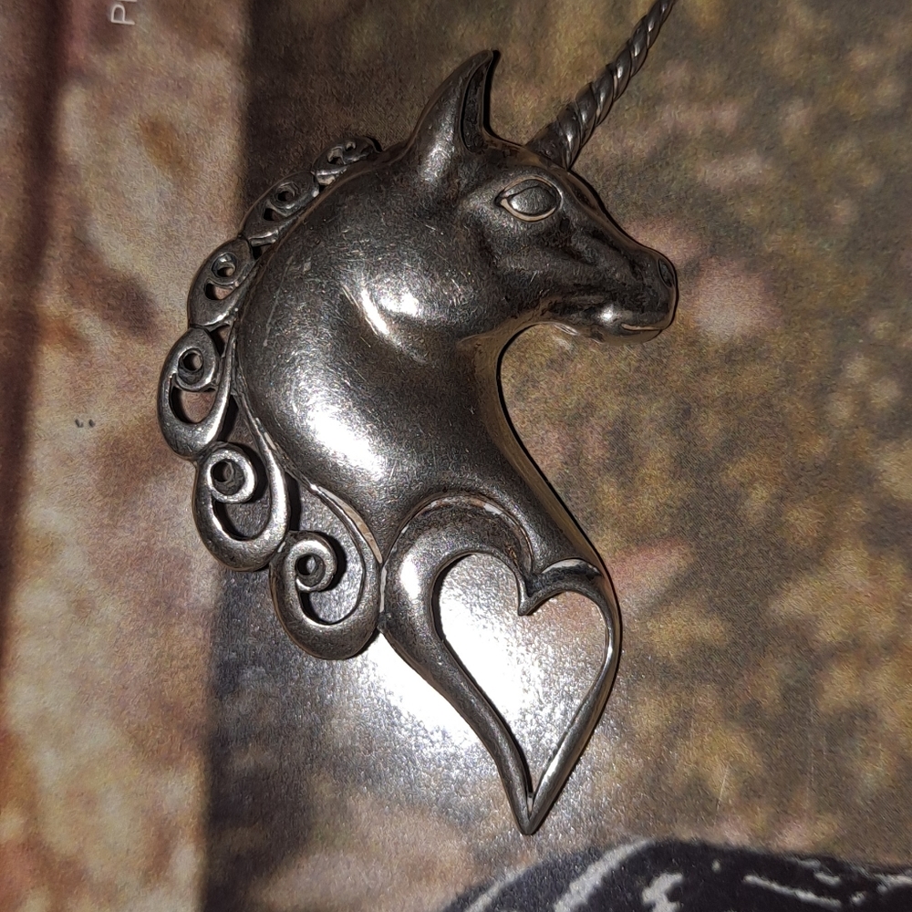 Sterling Silver Unicorn Brooch with Heart, Signed